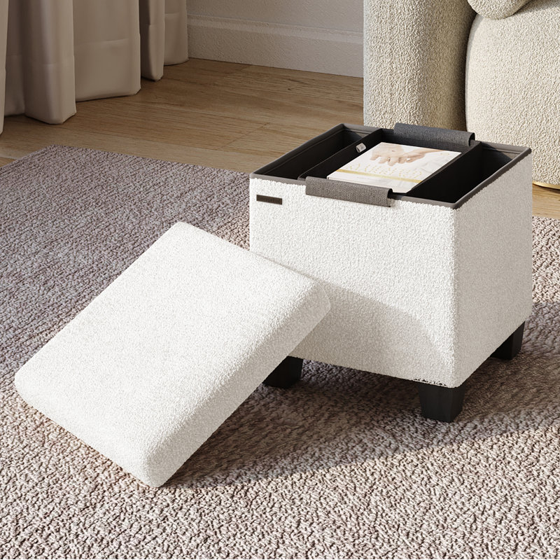 Vérrant Boucle Storage Ottoman Bench, White, 15"H x 15"W x 15"D