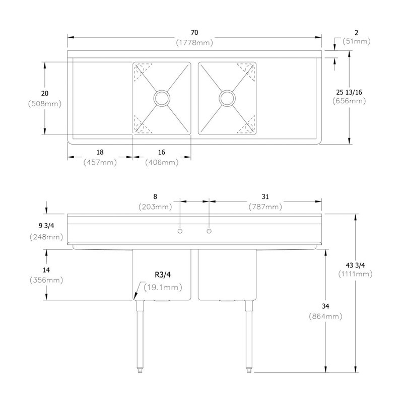 Évier de service autoportant L 70 po x l 25,81 po Dependabilt