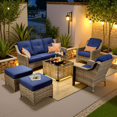 Ensemble de conversation pour patio 6 pièces avec table à lumière solaire, mobilier d'extérieur en osier avec repose-pieds, ensemble de patio en rotin à haut dossier résistant aux intempéries