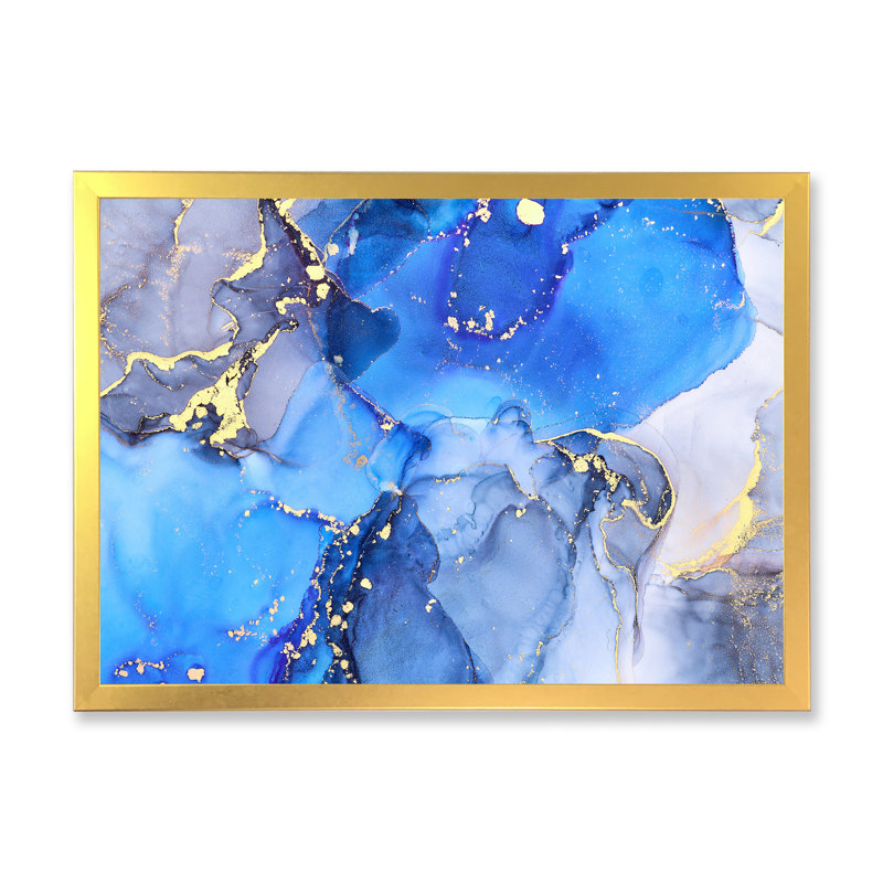 «Blue and Gold Luxury Abstract Fluid», peinture sur toile, H 16 po x l 32 po, Impression encadrée, Doré