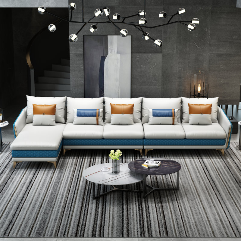 Ellaville Upholstered Sectional, Left Hand Facing, Off White/Blue Genuine Leather