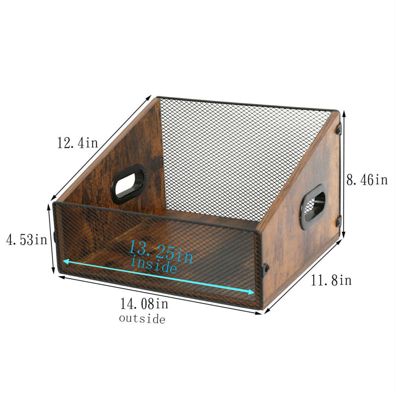 Support de rangement pour disque vinyle, caisse trapézoïdale pour disque vinyle LP avec poignée, boîte de rangement pour bureau en bois et en métal, brun rustique
