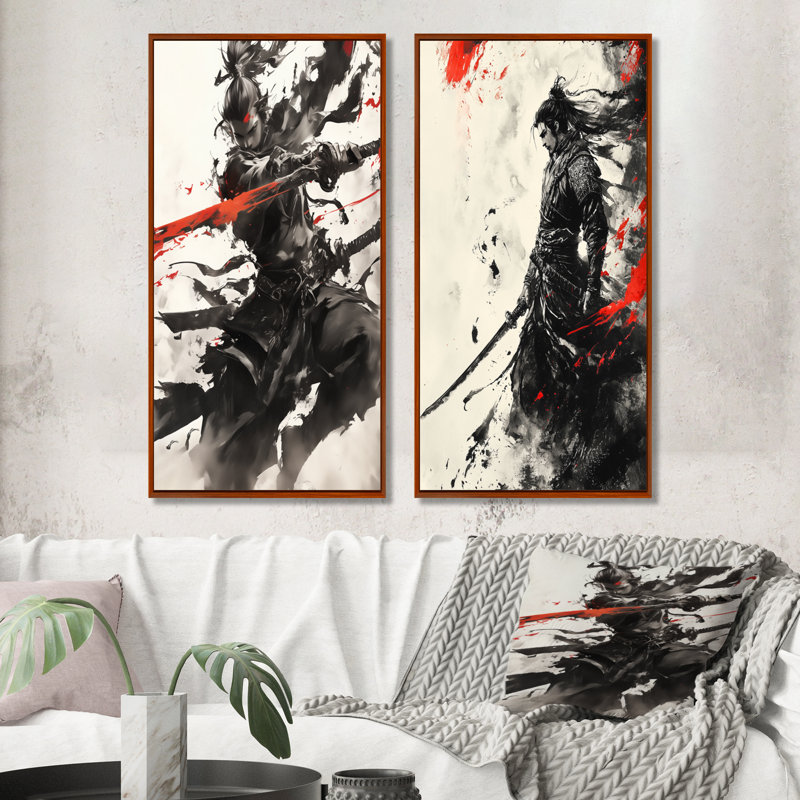 China Warrior dans les tons de noir et de rouge III - ensemble d'art mural Warrior China 2 pièces, H 28 po x l 24 po