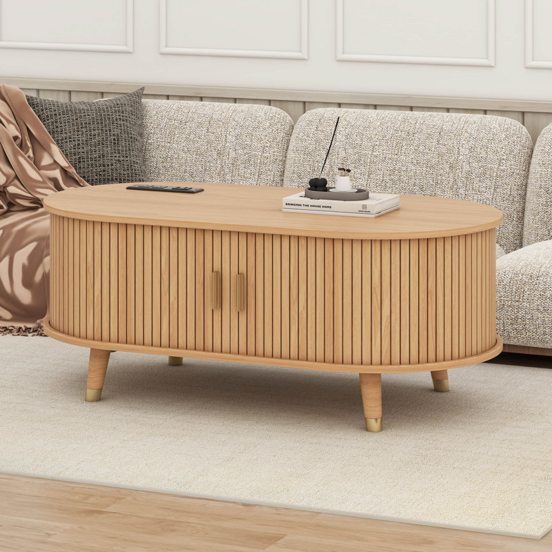 Wooden Oval Fluted Coffee Table With Charging Station, Mid-Century Center Table With Sliding Tambour Door