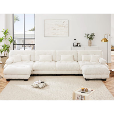 Comfy U Shaped - 4 Seater With 2 Ottomans In Chenille White Fabric For Decoration Living Room 4 Comfortable House