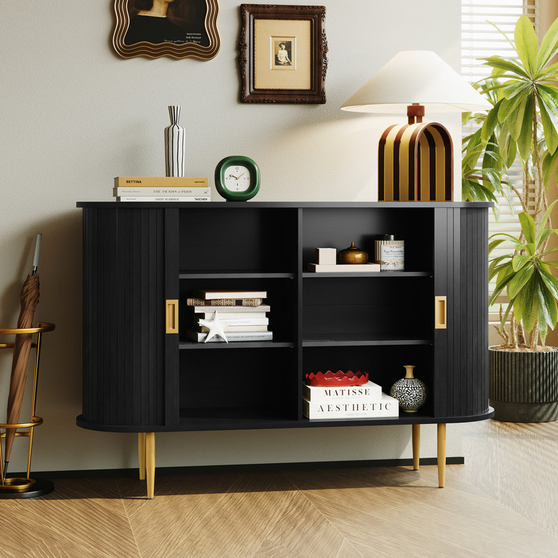 47'' Sideboard Cabinet with Wood Tambour Doors, Black, Black