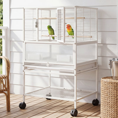 Grande cage à oiseaux blanche en métal avec support à roulettes - perruche multifonction, cockatiel, conure, perruche, inséparable, cage à vol Canary - plateau coulissant, garde-graines, bols à nourriture - couleur: blanc