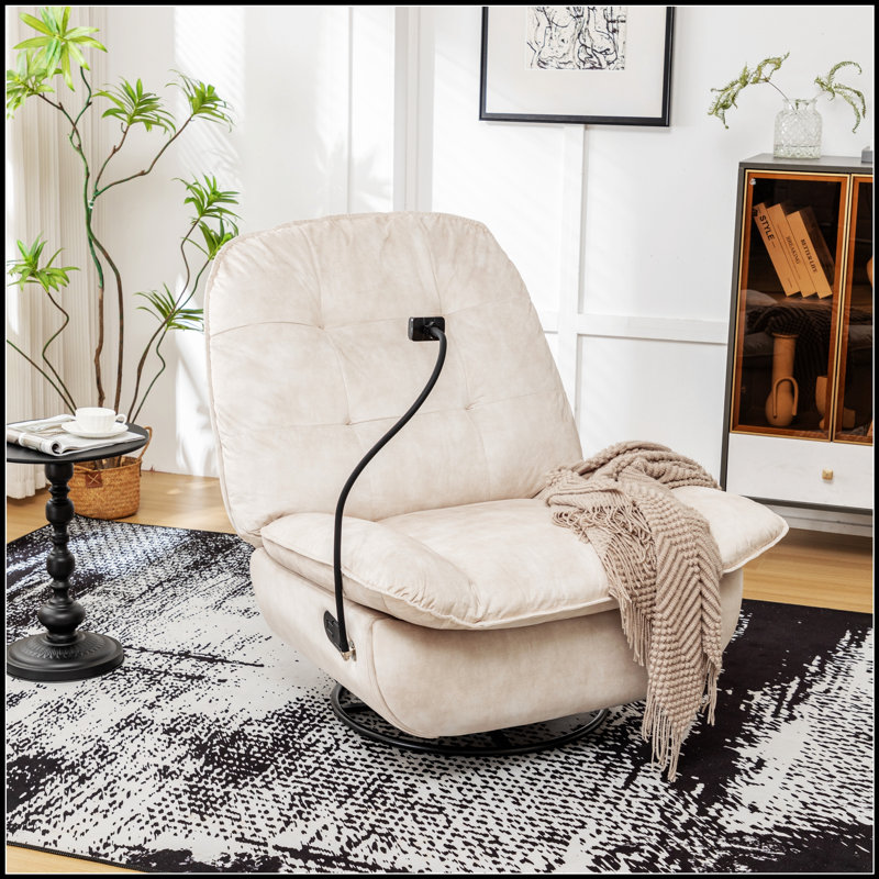 Ivory Reclining Lazy Chair With Mobile Phone Holder, Large Comfortable Reading And Swivel Gliding Rocking Chair, Gold-Stamped Velvet Upholstery