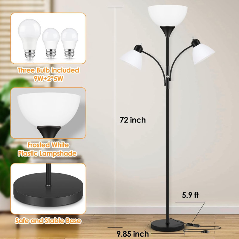 Lampe sur pied pour le salon, lampe torchère à intensité variable de 72 po avec 2 lampes de lecture pour la chambre à coucher, grande lampe debout noire, 3 ampoules incluses