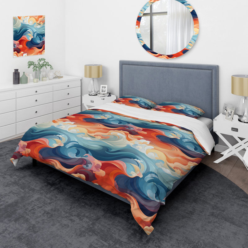 Ensemble de housse de couette Blue and Orange Swirling Harmony Waves, Housse de couette pour très grand lit et 2 très