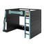 Lit mezzanine double en bois avec bureau, tablettes multiples et lumière RVB-114355419