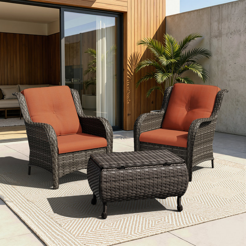 3-Piece All-Weather Wicker Patio Conversation Set With Cushions & Ottoman, Orange
