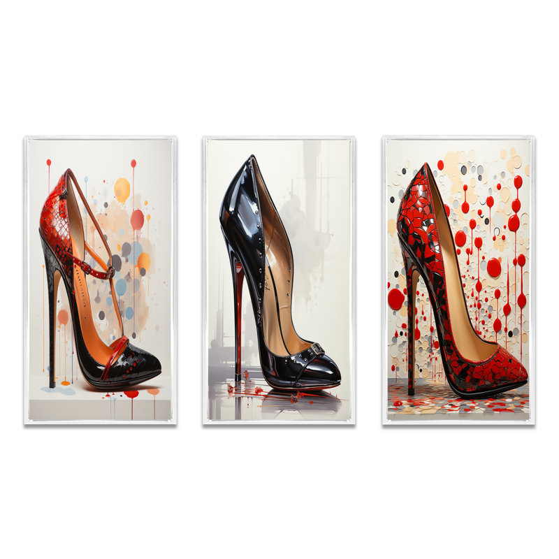 «Black And Red High Heels Symphony V», 3 pièces sur toile, H 40 po x l 60 po, Cadre blanc