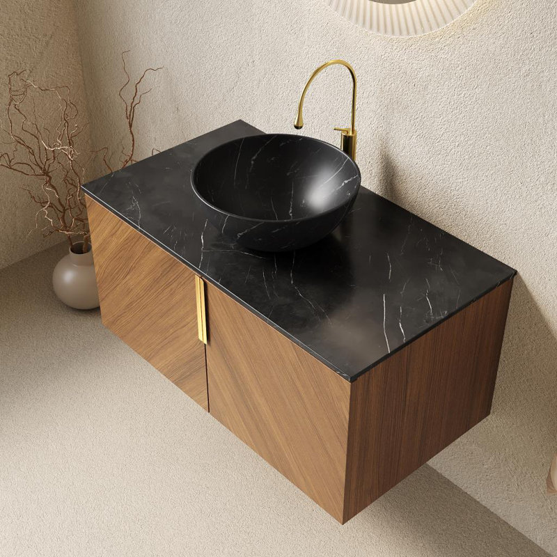 Meuble-lavabo 36 po avec lavabo, comptoir noir, Chêne brun