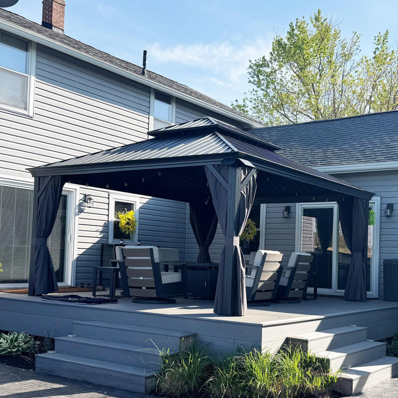 PURPLE LEAF 14' X 16' Permanent Hardtop Gazebo Aluminum Gazebo with Galvanized Steel Double Roof for Patio Lawn and Garden, Curtains and Netting Included, Gray
