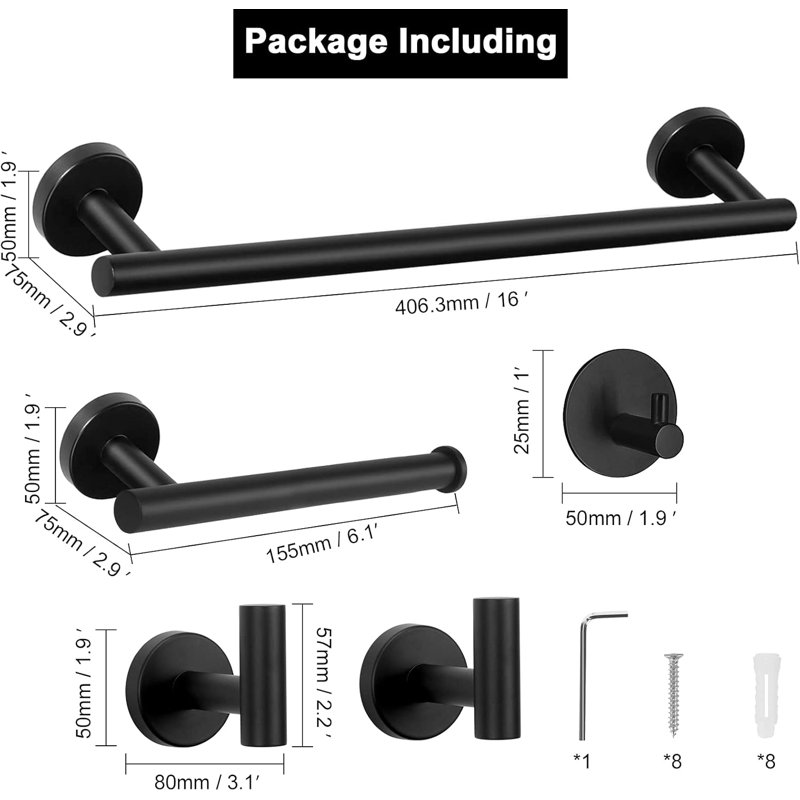 5-Piece Bathroom Hardware Set, SUS 304 Stainless Steel Towel Bar Set With 16-Inch Towel Rod, Toilet Paper Holder And 3 Multi-Functional Hooks