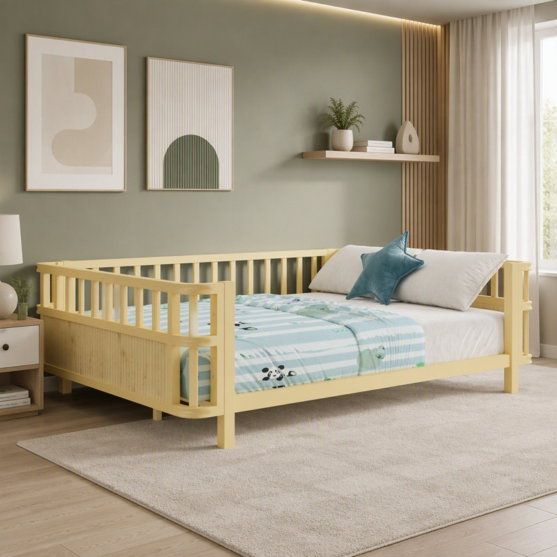Lit plateforme en bois avec rampes, Lit double, Naturel