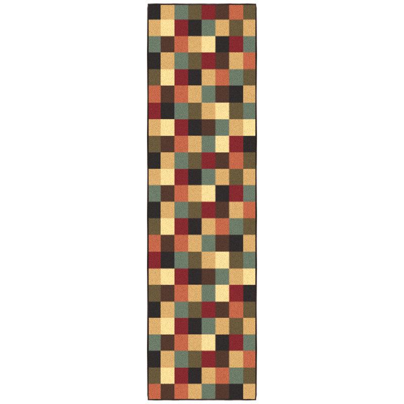 Contemporary Checkered Multicolor Low Pile Runner Rug, 84"L x 22"W