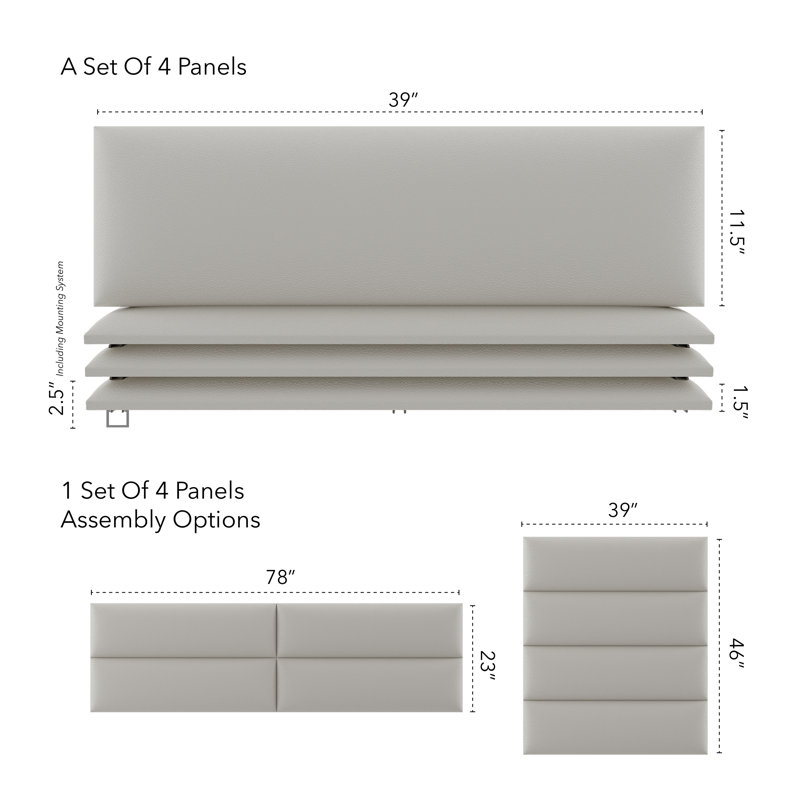 Sapan Upholstered Wall Panels - King/Cal King Size Wall Mounted Headboards - Zigrino Oyster - Twin/King - Set of 4 Modular Panels