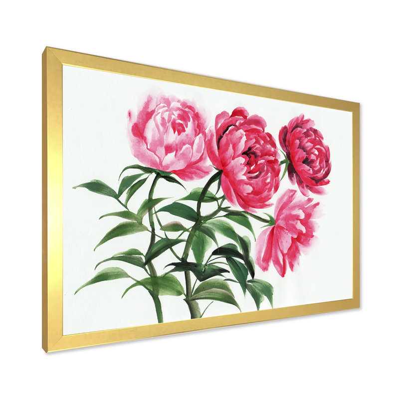 " Four Vintage Pink Peonies " Painting Print, Gold Framed Canvas, 16" H x 32" W x 1.5" D