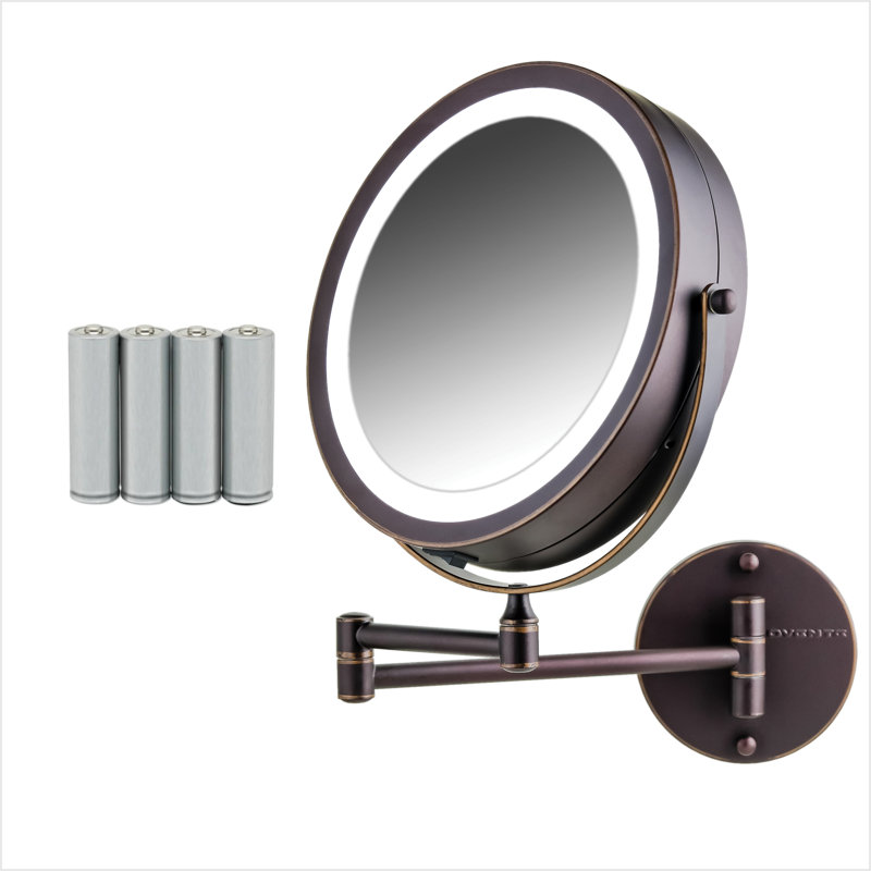 OVENTE 7" Lighted Wall Mount Makeup Mirror with 1X/10X Magnification, Cordless Double Sided Magnifying Round Vanity Mirror, 360° Swivel Design, Extendable and Folding Arm, Antique Bronze MFW70ABZ1X10X