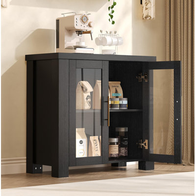 Buffet avec rangement, crédence de buffet de 33,1 po avec portes en verre trempé, table de buffet en bois pour le salon, la salle à manger, la cuisine, noir