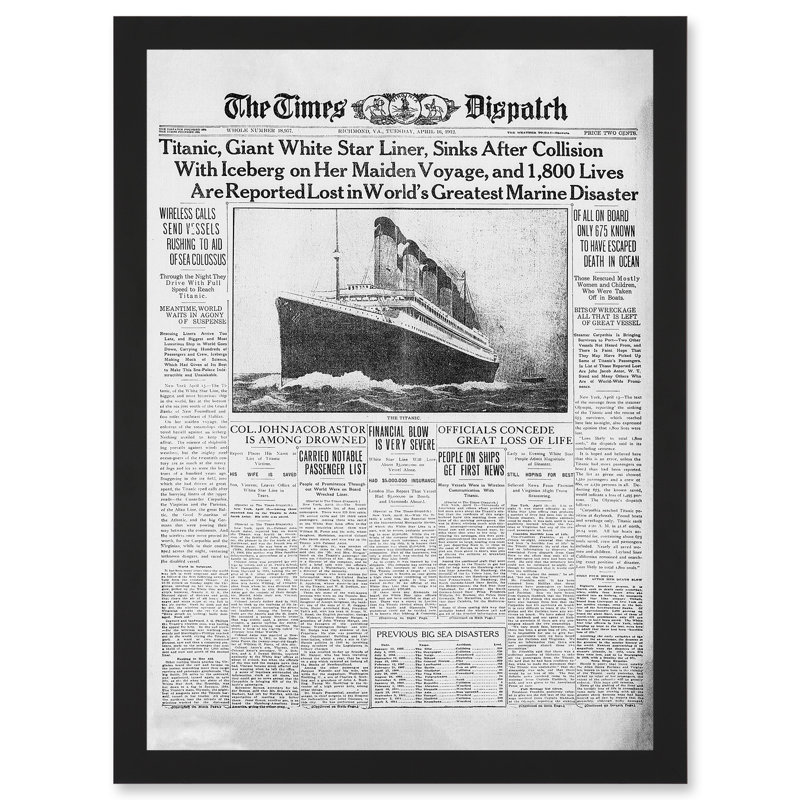 Newspaper Front Sheet Page Titanic Disaster 1912 - Single Picture Frame Print
