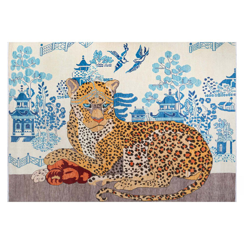 Tapis tissé sur fond thématique bleu tigre, Rectangle 4 pi 7,12 po x 6 pi 6,74 po