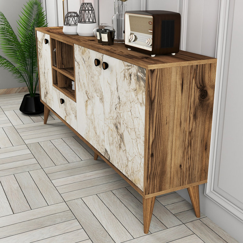 Modern Console Table, White Marble & Walnut, 70.9 x 31.9 x 13.8 inches | 100% Melamine Coated Particle Board, Thickness: 0.7 inches | Sleek Design with Plastic Handles & Legs, Multiple Shelves for Extra Storage