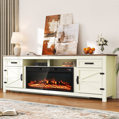 80"W Farmhouse Fireplace Tv Stand With 36" Electric Fireplace,  Wood Entertainment Center for TVs up to 90",  TV Console Table with Drawers & Cabinets