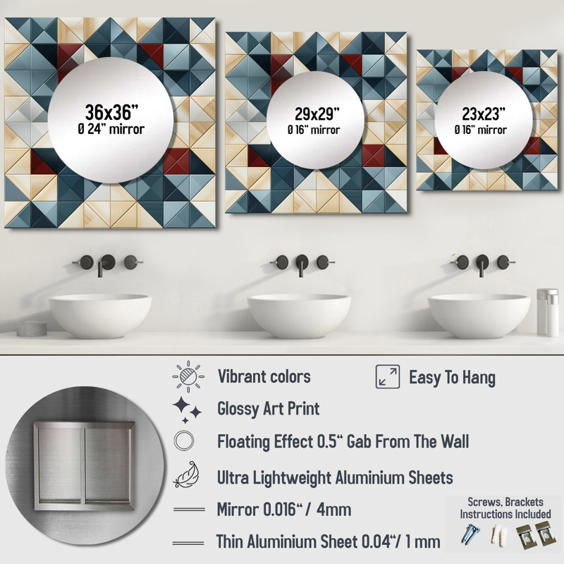Bleu et gris cubique angulaire - grand miroir carré moderne pour décoration murale, 23 po x 23 po