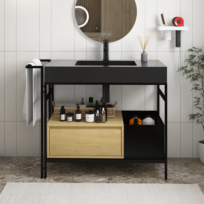 Industrial Style Modular Bathroom Vanity, With A Robust Metal Frame, Topped With A Seamless, Easy-To-Clean Artificial Stone Basin, Without Drainage And Faucet