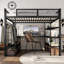 Grand lit mezzanine en métal avec bureau, tablettes de rangement et tringle de suspension, sans sommier, noir