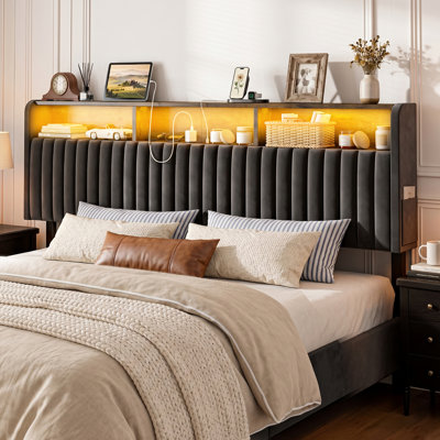 King Size Storage Headboard Only, Velvet Upholstered Head Board With Led Lights & Charging Station, Adjustable Height, Easy Assembly, Modern Freestanding Headboard, Black