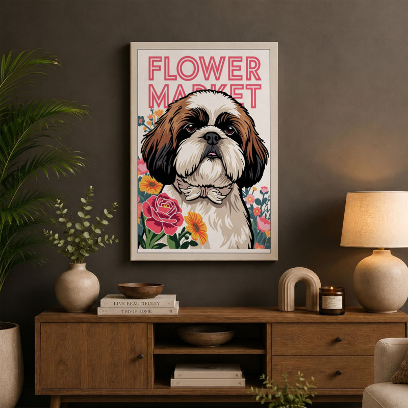 Flower Market Pup Modern - Wrapped Canvas, 36x24 - 91.4 x 61.0 cm, Ochre Border