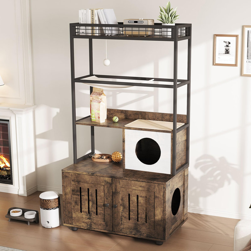 Meuble de litière pour chat avec support de rangement fermé - conception de bac à litière caché avec hamac, boules en sisal, tapis à gratter - chatière élégante et privée, brun