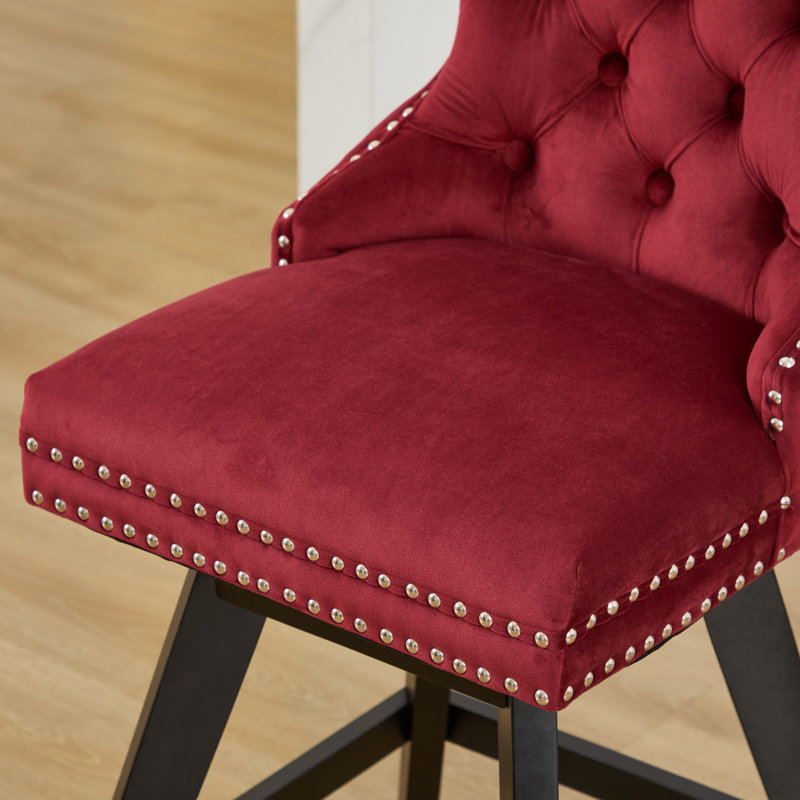 Set of 2 Bar Stools, Wine Red Velvet Swivel Stools with Button Tufted Backs and Wood Legs, Chrome Nailhead Trim Accent