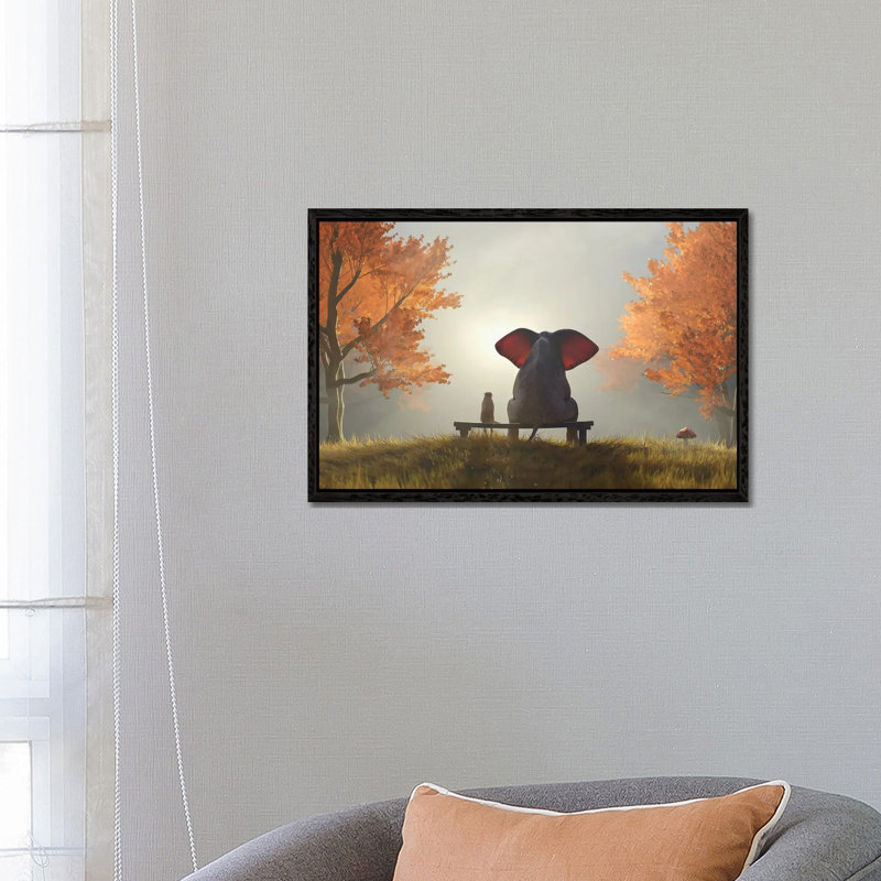 Elephant And Dog Sit In The Autumn Garden II by Mike Kiev - Print on Canvas, 66.04 cm H x 45.72 cm W, Black Framed