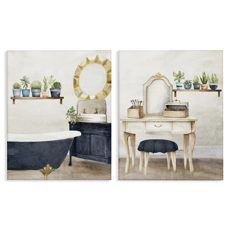 Ensemble de toiles intérieures bleues pour salle de bain 2 pièces, design par Kim Allen, H 20 po x l 16 po