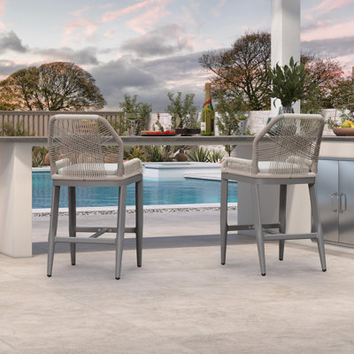  Patio Bar Stool Counter Height Set Of 2 Outdoor Rattan Chairs With Back Modern Aluminum Woven Barstools