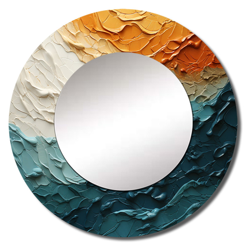 Teal Orange Ocean Coastal Essence Collage - miroir mural unique océan, miroir rond côtier, impression d'art en métal