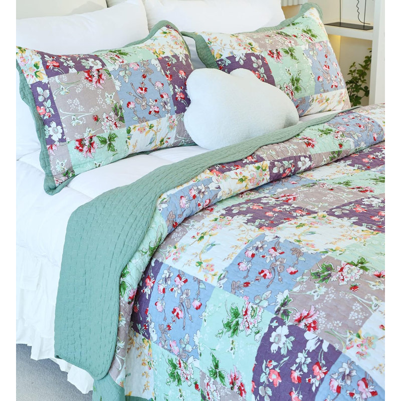  Sage/Purple Standard Cotton Embroidered Lightweight Quilt Set, King Quilt + 2 King Shams