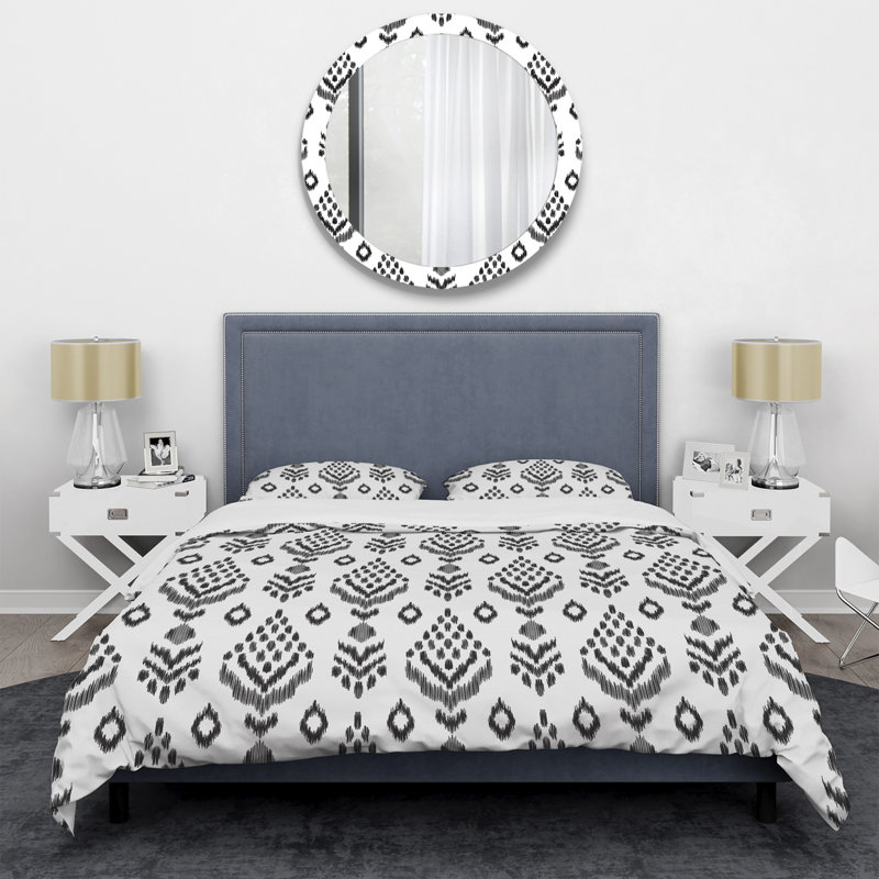 Motif ikat blanc et gris - ensemble de housse de couette abstrait - microfibre de polyester