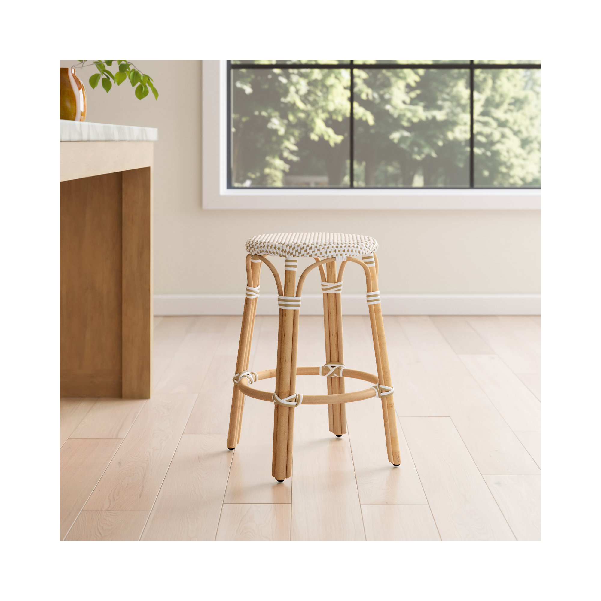 Alastair Bar & Counter Stool, Counter Stool (24" Seat Height), White/Tan Dot/Natural Rattan Frame