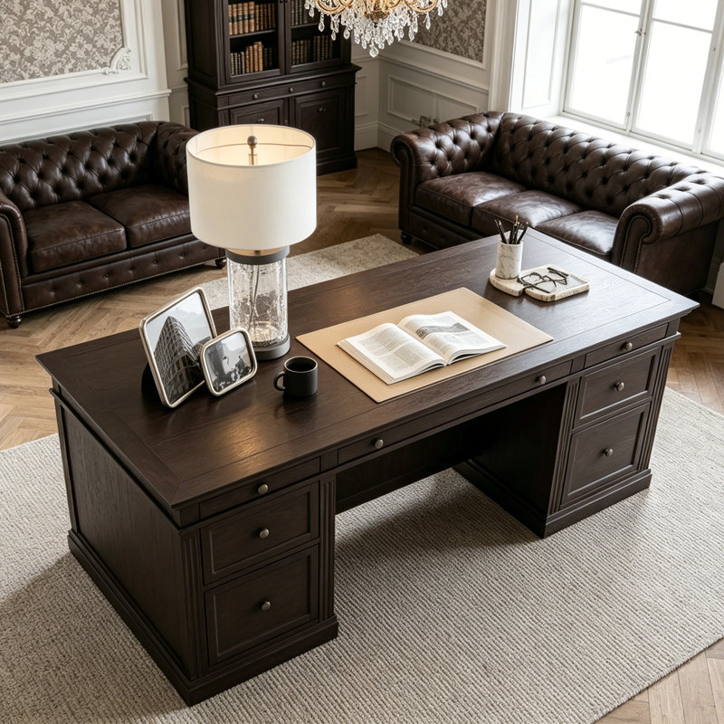 Bureau en bois massif avec 7 tiroirs 70,87 "Vintage, Noir