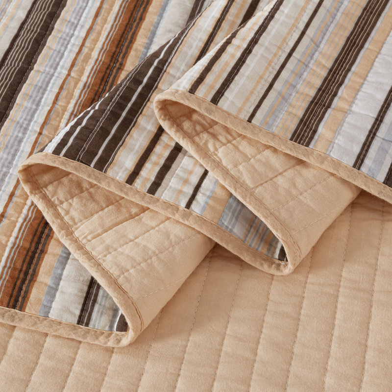 Queen Multi-Color Brown Cotton Striped Quilt Set