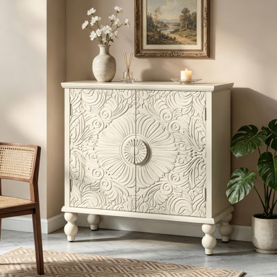 Armoire décorative en bois massif beige rétro, portes à fleurs doubles sculptées avec tablettes réglables, universelle pour la cuisine, le salon et le vestibule