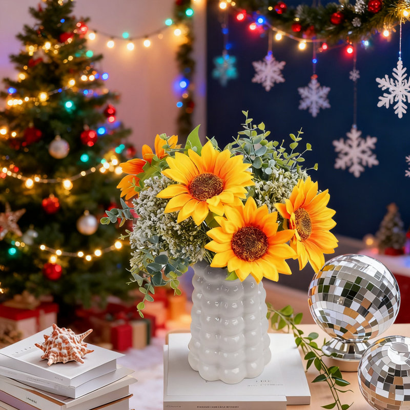 Paquet de 2, bouquet de tournesol artificiel, fleurs artificielles 18 po avec véritable souffle de bébé, décoration d'automne pour centre de table, cuisine, salle à manger, décoration de fête de mariage