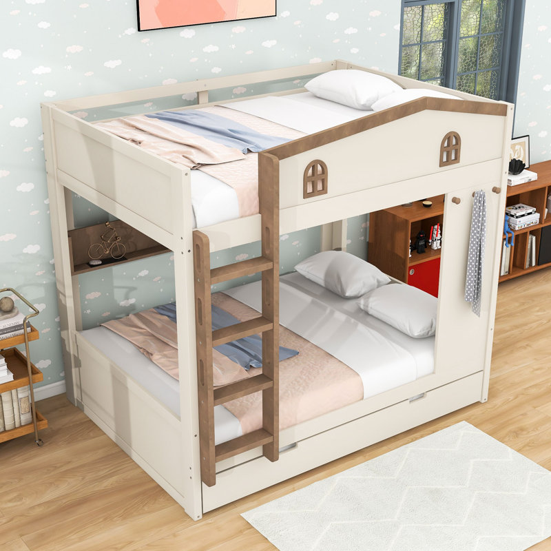 Lit superposé en bois avec lit gigogne, crochets et tablettes latérales, Naturel beige, Lit superposé double sur double