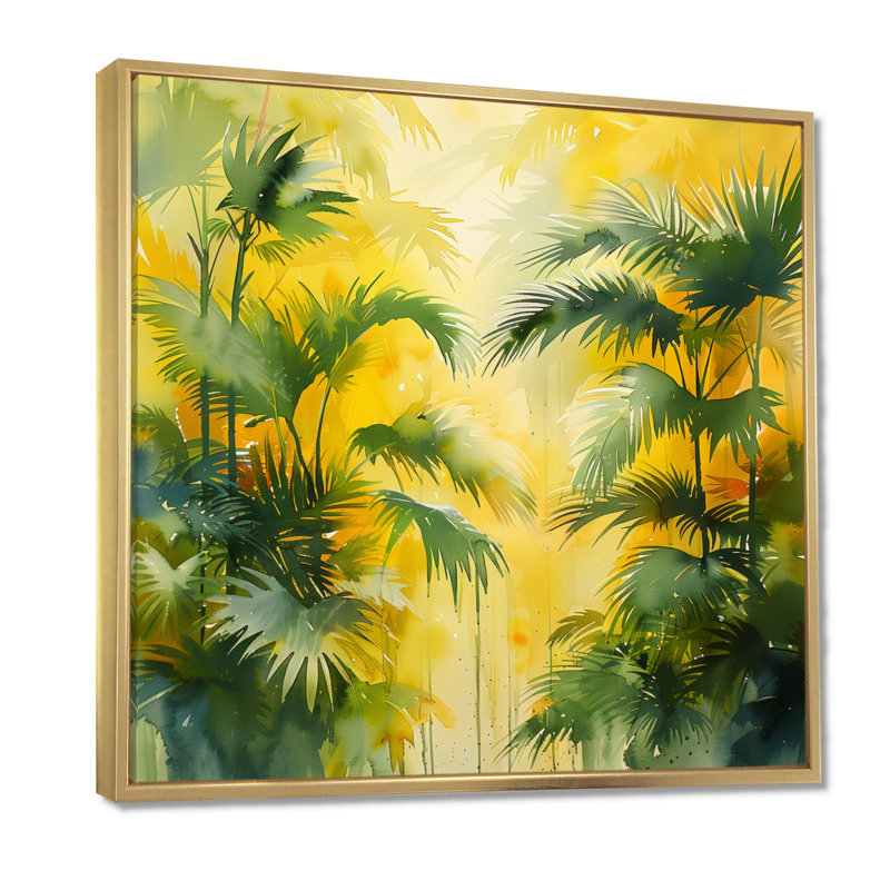 Décoration murale jaune jaune vert palmiers Frond Dance V - Palmiers et palmiers, Cadre flottant doré, H 16 po x l 16 po